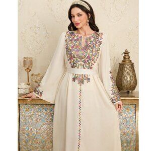 Elegant U-Neck Bell Sleeve Sequins Embroidery Swing Abaya Dress